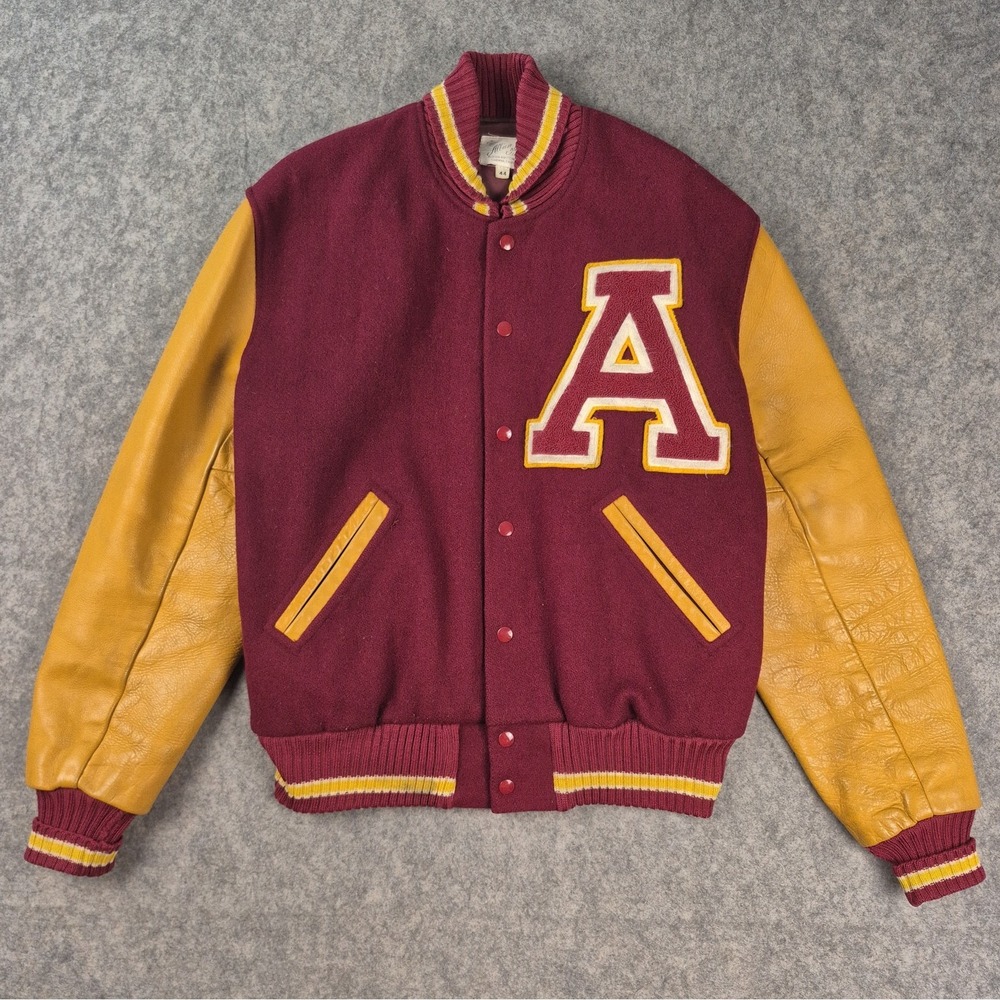 Vintage 70s Albion Award Varsity Jacket Men 44 Red Wool Leather Made USA
